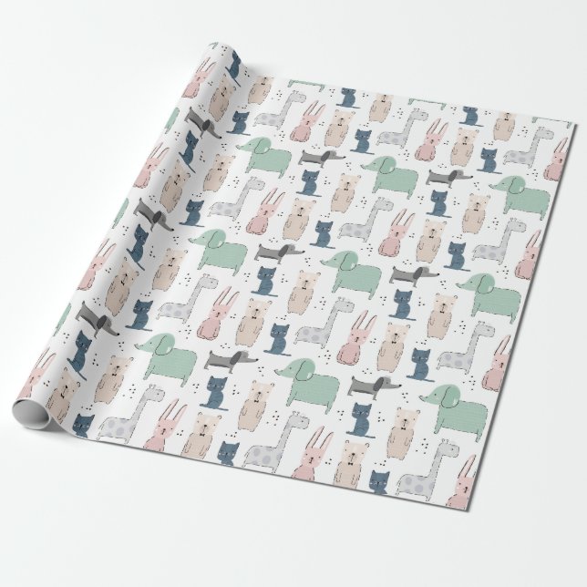 Cute Pastel Baby Animal Pattern Wrapping Paper (Unrolled)