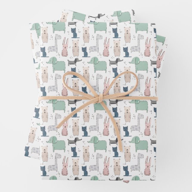 Cute Pastel Baby Animal Pattern Wrapping Paper Sheet (In situ)