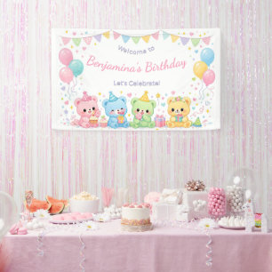 Cute Pastel Baby Bears Girl Birthday Party Banner