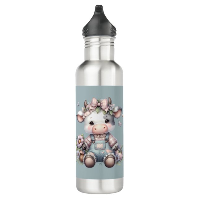 Cute Pastel Baby Cow in Overalls with Flowers 710 Ml Water Bottle (Right)