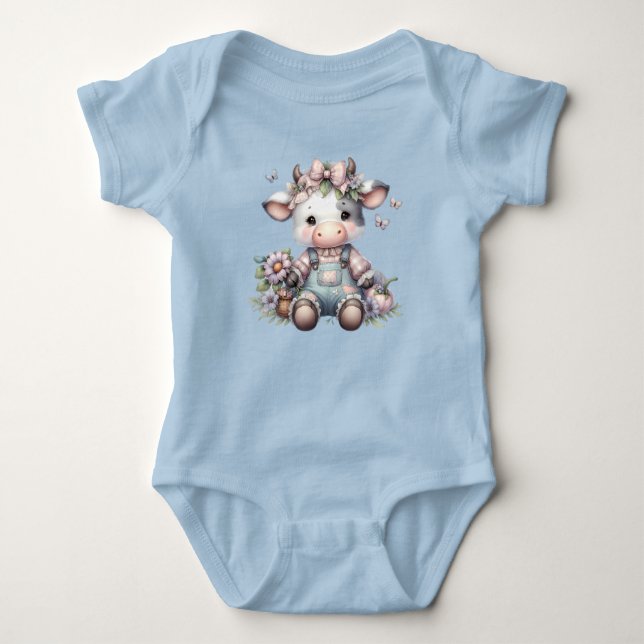 Cute Pastel Baby Cow in Overalls with Flowers Bodysuit (Front)