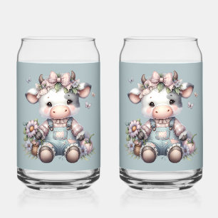 Cute Pastel Baby Cow in Overalls with Flowers Can Glass