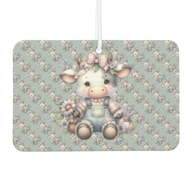 Cute Pastel Baby Cow in Overalls with Flowers Car Air Freshener (Front)