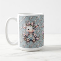 Cute Pastel Baby Cow in Overalls with Flowers