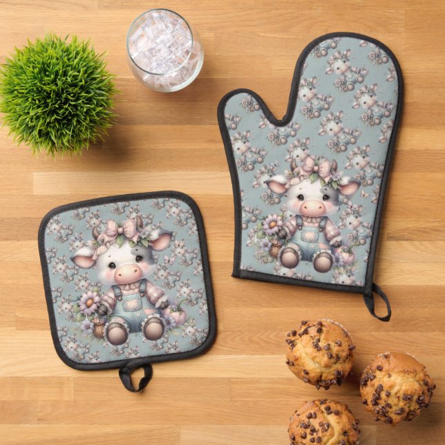 Cute Pastel Baby Cow in Overalls with Flowers Oven Mitt & Pot Holder Set (Top Down)