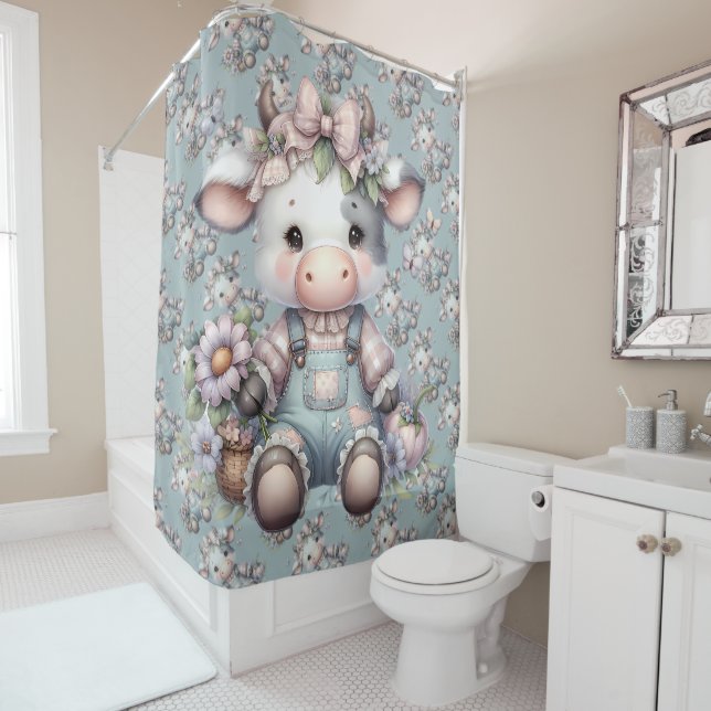 Cute Pastel Baby Cow in Overalls with Flowers Shower Curtain (In Situ)