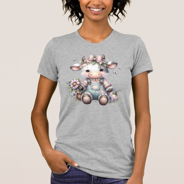 Cute Pastel Baby Cow in Overalls with Flowers T-Shirt (Front)