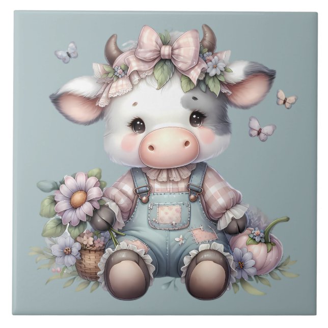 Cute Pastel Baby Cow in Overalls with Flowers Tile (Front)