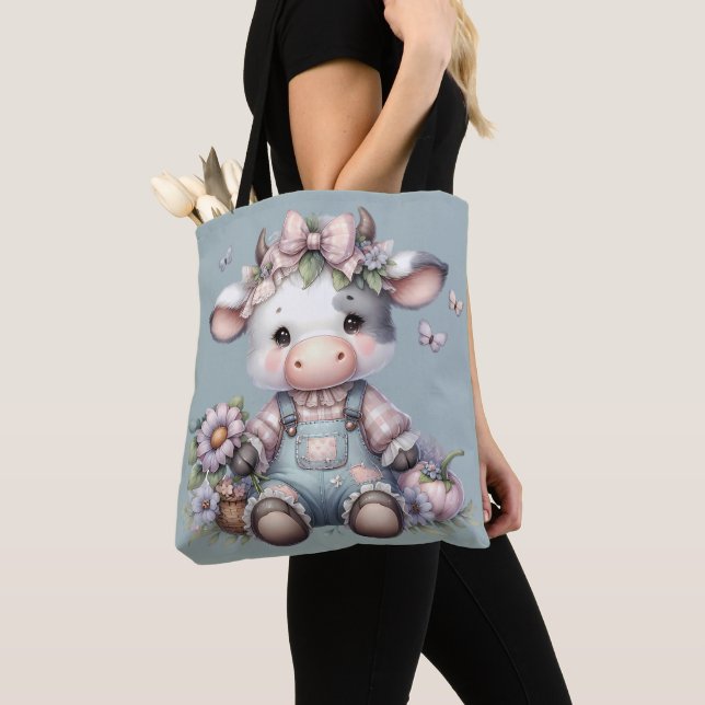 Cute Pastel Baby Cow in Overalls with Flowers Tote Bag (Close Up)