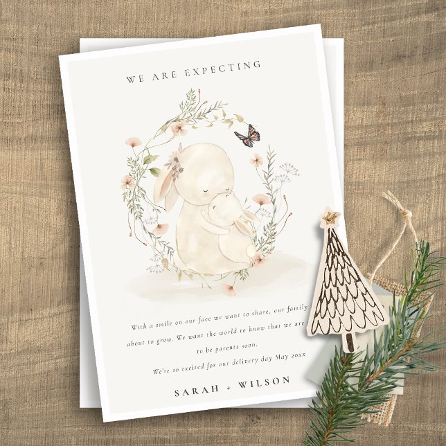 Cute Pastel Baby Mum Bunny Floral Wreath Baby Announcement (Creator Uploaded)