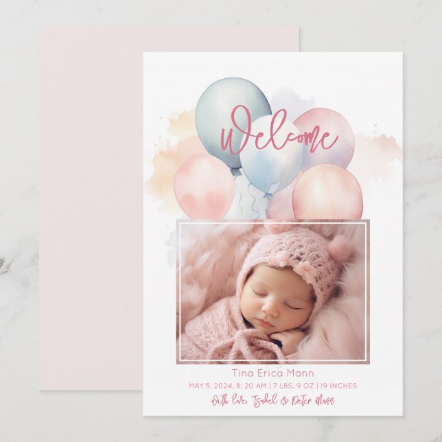 Cute Pastel Balloons Welcome Baby Girl Birth  Announcement (Front/Back)