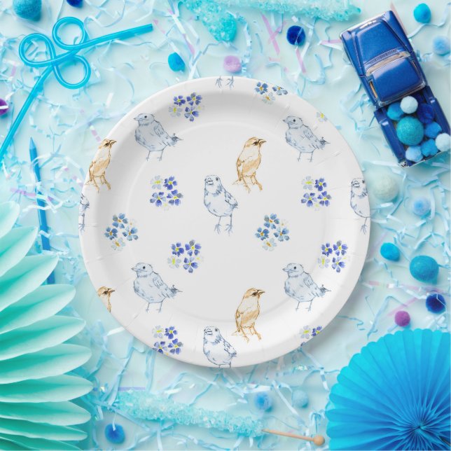 Cute pastel birds and floral seamless pattern   paper plate (Party)