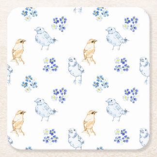 Cute pastel birds and floral seamless pattern   square paper coaster