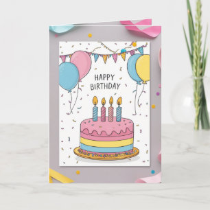 Cute Pastel Birthday Greeting Card with Cake and