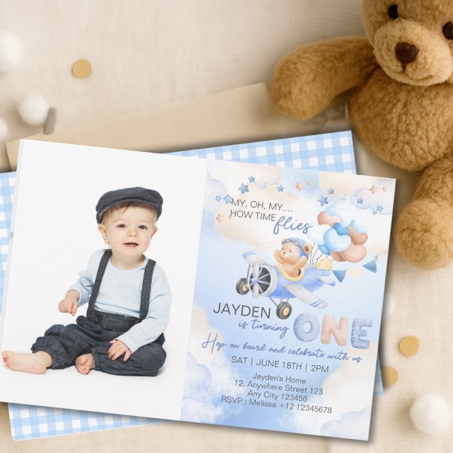 Cute Pastel Blue Brown Baby Bear On Plane  Invitation (Creator Uploaded)