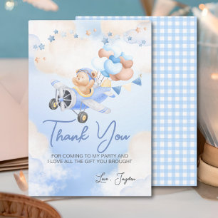 Cute Pastel Blue Brown Baby Bear On Plane Thank You Card