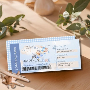 Cute Pastel Blue Brown Baby Bear Pilot On Plane  Invitation