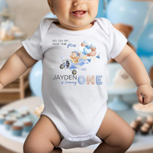 Cute Pastel Blue Brown Baby Bear Turning One Baby Bodysuit