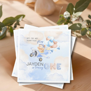 Cute Pastel Blue Brown Baby Bear Turning One Napkin