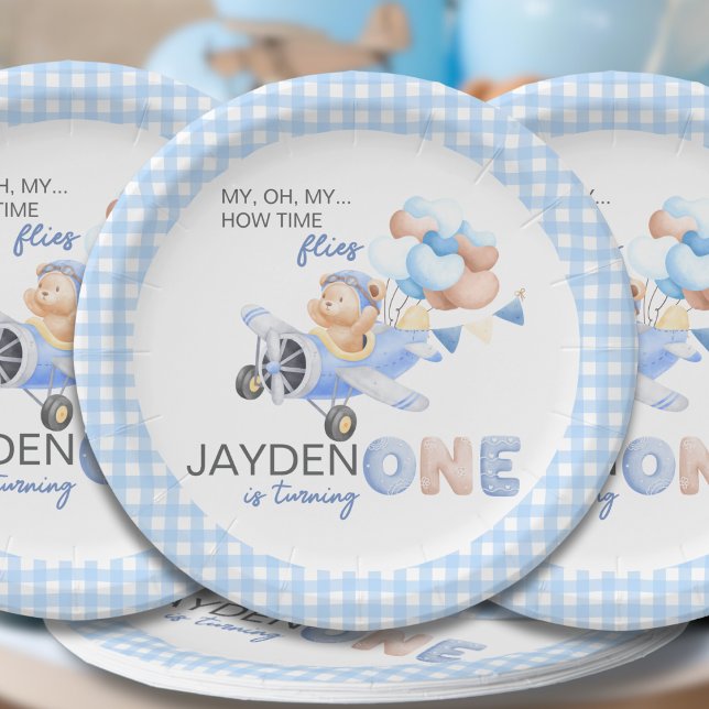 Cute Pastel Blue Brown Baby Bear Turning One Paper Plate (Creator Uploaded)