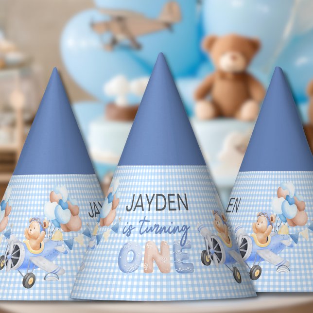 Cute Pastel Blue Brown Baby Bear Turning One Party Hat (Creator Uploaded)