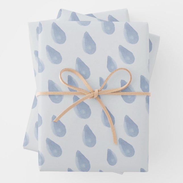 Cute Pastel Blue & Cream Raindrop Watercolor  Wrapping Paper Sheet (In situ)