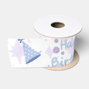 Cute Pastel Blue Happy Birthday Cake Pattern Satin Ribbon