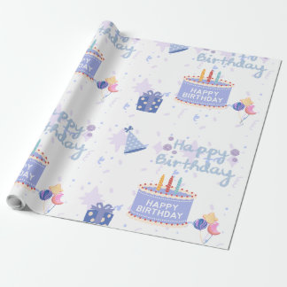 Cute Pastel Blue Happy Birthday Cake Seamless Patt Wrapping Paper