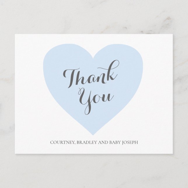 Cute Pastel Blue Heart Boy Baby Shower Thank You Postcard (Front)
