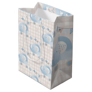 Cute Pastel Blue Ivory Plaid Elephant Boy Shower Medium Gift Bag