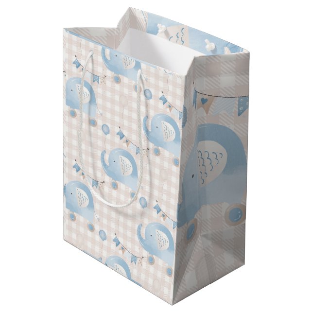 Cute Pastel Blue Ivory Plaid Elephant Boy Shower Medium Gift Bag (Back Angled)