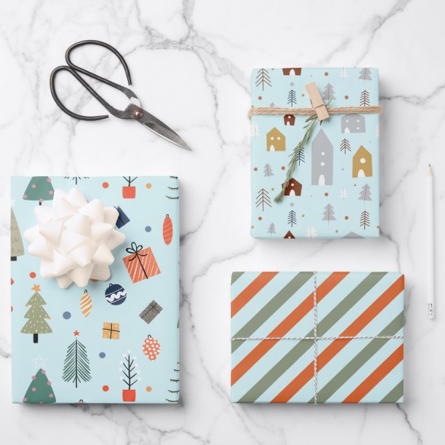 Cute Pastel Blue Minimal Christmas Tree Light Wrapping Paper Sheet (Front)