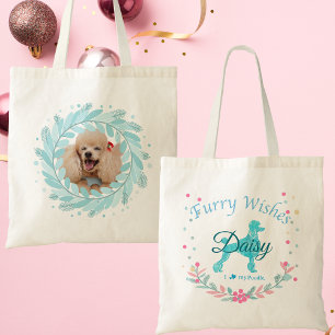 Cute Pastel Blue Poodle Personalized Christmas Tote Bag