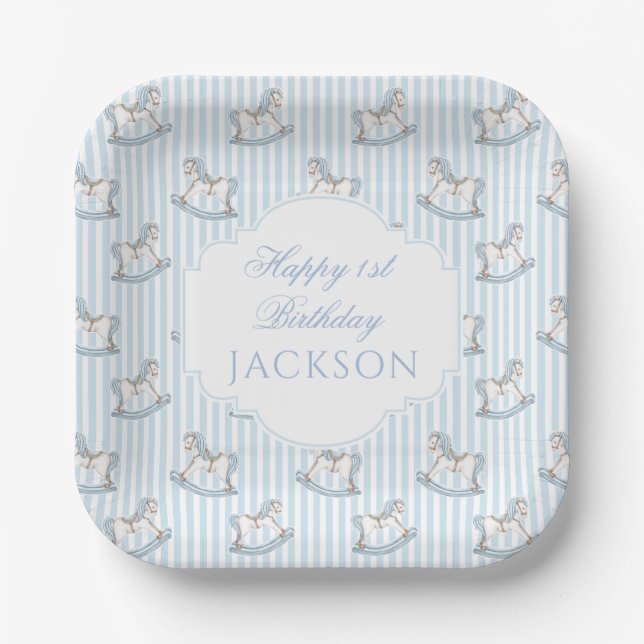 Cute pastel blue rocking horse baby boy shower paper plate (Front)
