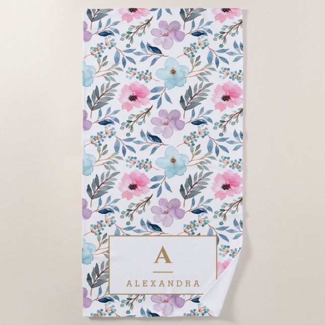 Cute Pastel Blue Watercolor Flowers Monogram  Beach Towel (Front)