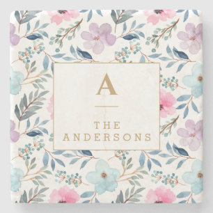 Cute Pastel Blue Watercolor Flowers Monogram Stone Coaster