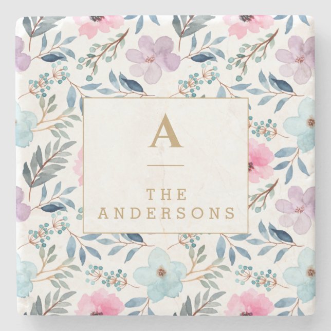 Cute Pastel Blue Watercolor Flowers Monogram   Stone Coaster (Front)