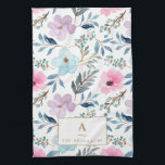 Cute Pastel Blue Watercolor Flowers Monogram  Tea Towel<br><div class="desc">Cute Pastel Light Blue and Pink Watercolor Flowers Pattern Kitchen Towel</div>