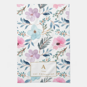 Cute Pastel Blue Watercolor Flowers Monogram Tea Towel