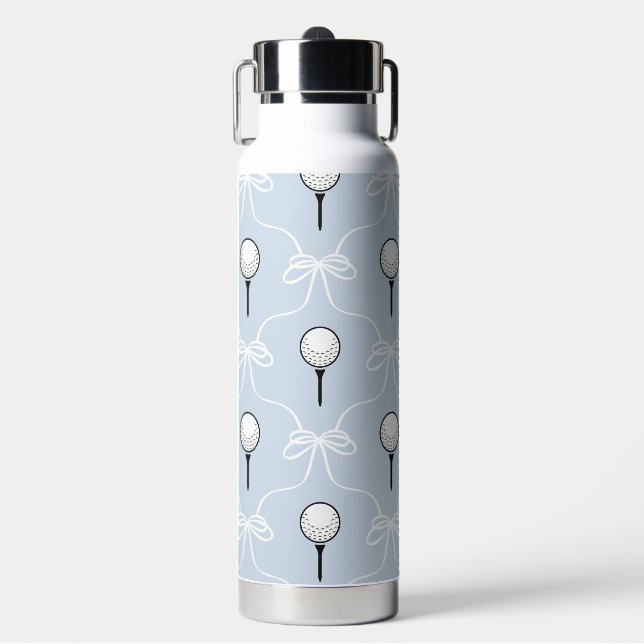 Cute Pastel Blue White Bow Golf Pattern Water Bottle (Front)