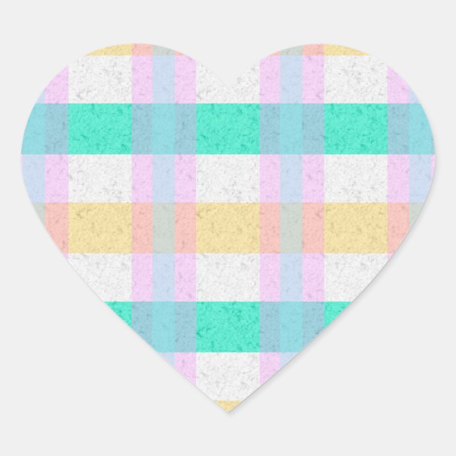 Cute Pastel Blue Yellow Teal Plaid Pattern Heart Sticker (Front)