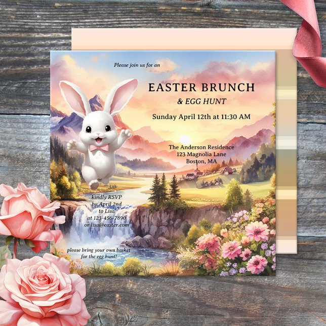 Cute Pastel Bunny Egg Hunt Easter Brunch Invitation (Easter brunch and egg hunt invitation featuring a pastel landscape painting with a happy bunny)