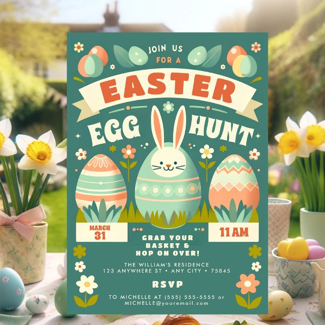 Cute Pastel Bunny Spring Flowers Easter Egg Hunt Invitation (Retro Easter Egg Hunt Invitation)