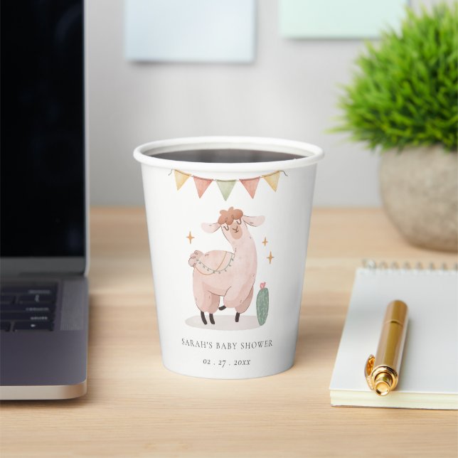 Cute Pastel Cactus Boho Llama Baby Shower Paper Cups (Insitu)