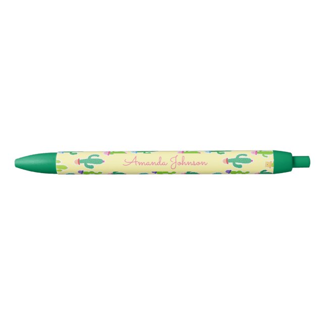 Cute Pastel Cactus Monogram Script Name Black Ink Pen (Front)