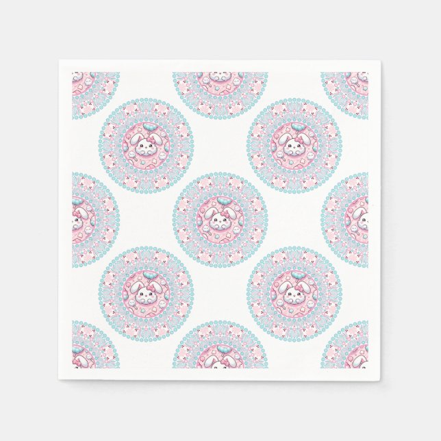 Cute Pastel Candy Kawaii Bunny Polka Dot Mandala Napkin (Front)