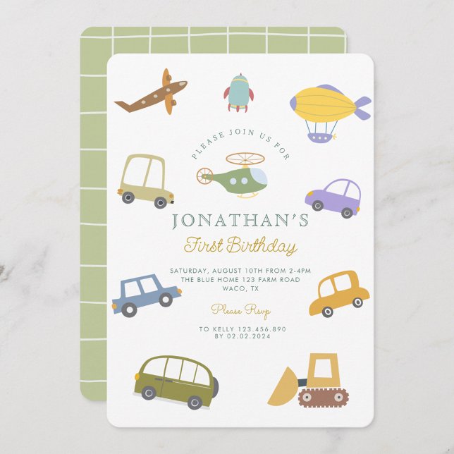 Cute Pastel  Car Truck Plane Rocket First Birthday Invitation (Creator Uploaded)