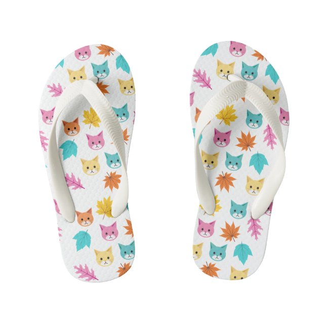 Cute Pastel Cartoon Cats and Leaves Pattern Kid's Jandals (Footbed)