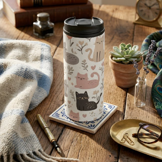Cute Pastel Cat & Floral Pattern Thermal Tumbler