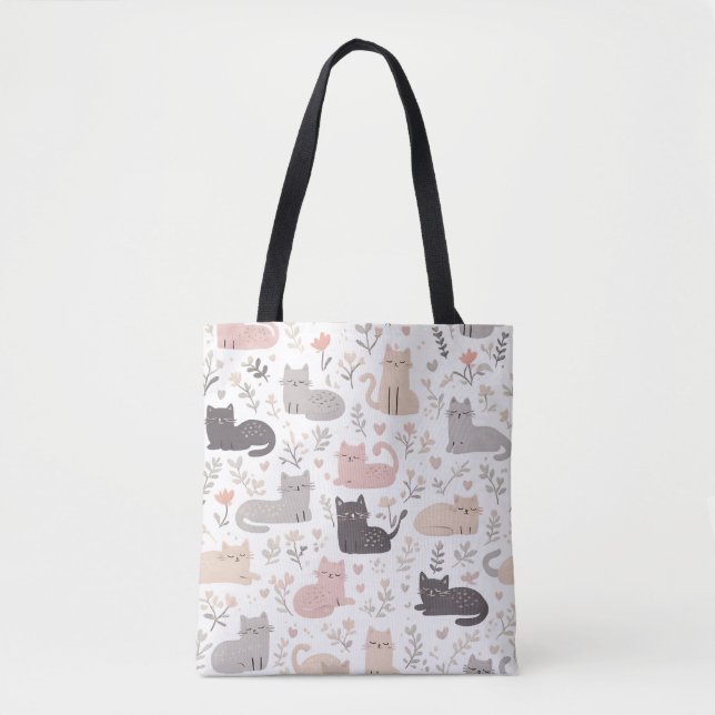 Cute Pastel Cat & Floral Pattern Tote Bag (Front)